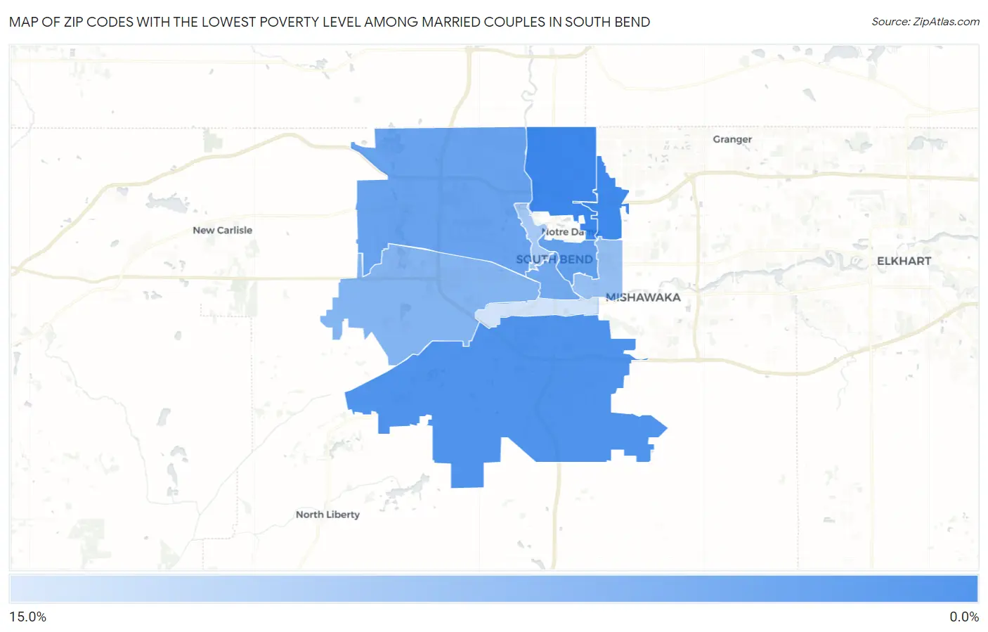 Zip Codes with the Lowest Poverty Level Among Married Couples in South Bend Map