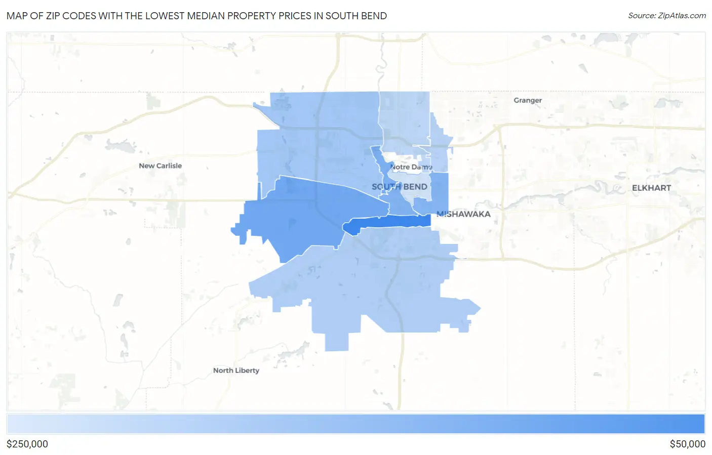 Zip Codes with the Lowest Median Property Prices in South Bend Map