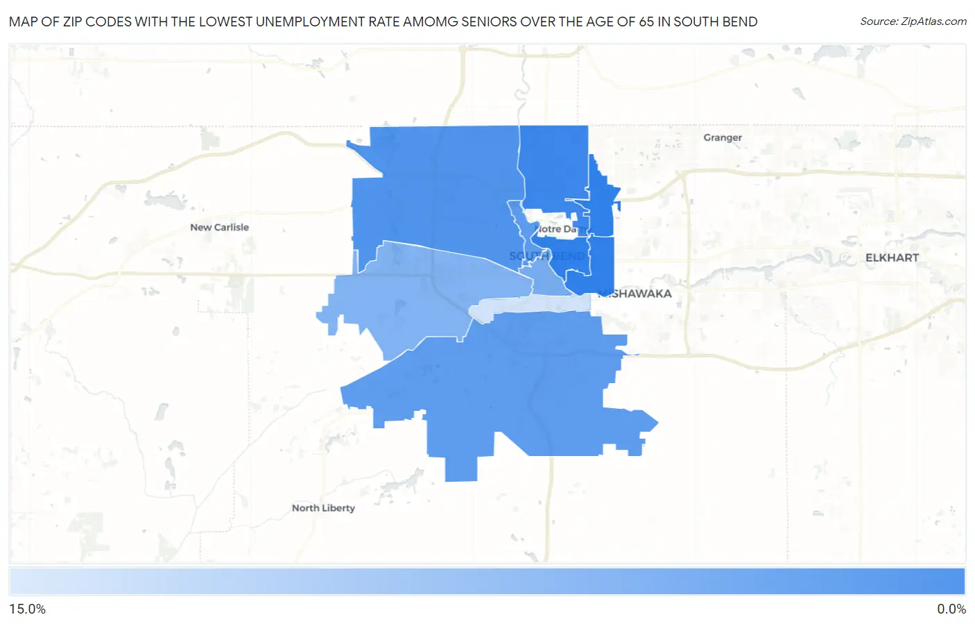 Zip Codes with the Lowest Unemployment Rate Amomg Seniors Over the Age of 65 in South Bend Map