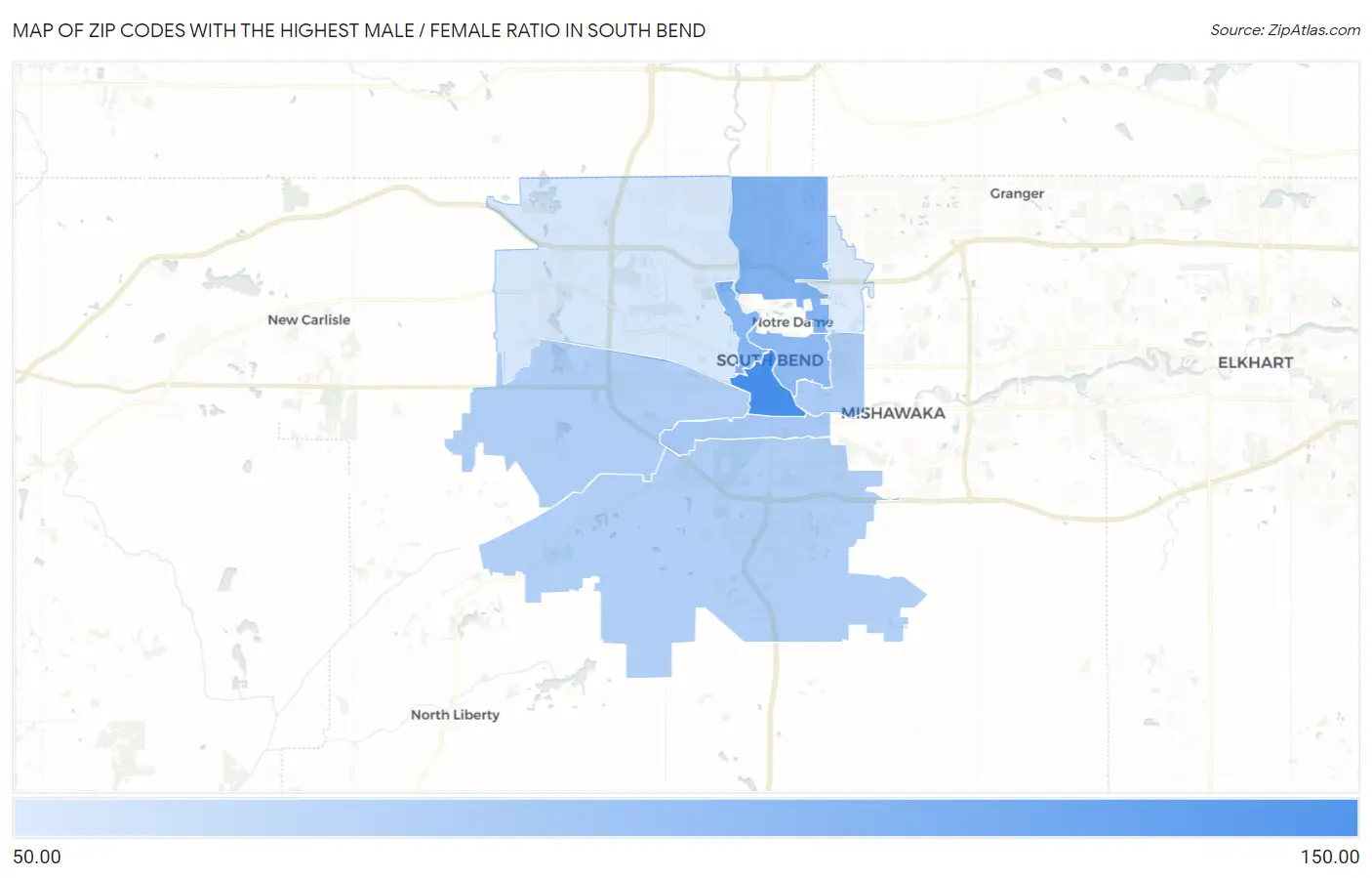 Zip Codes with the Highest Male / Female Ratio in South Bend Map