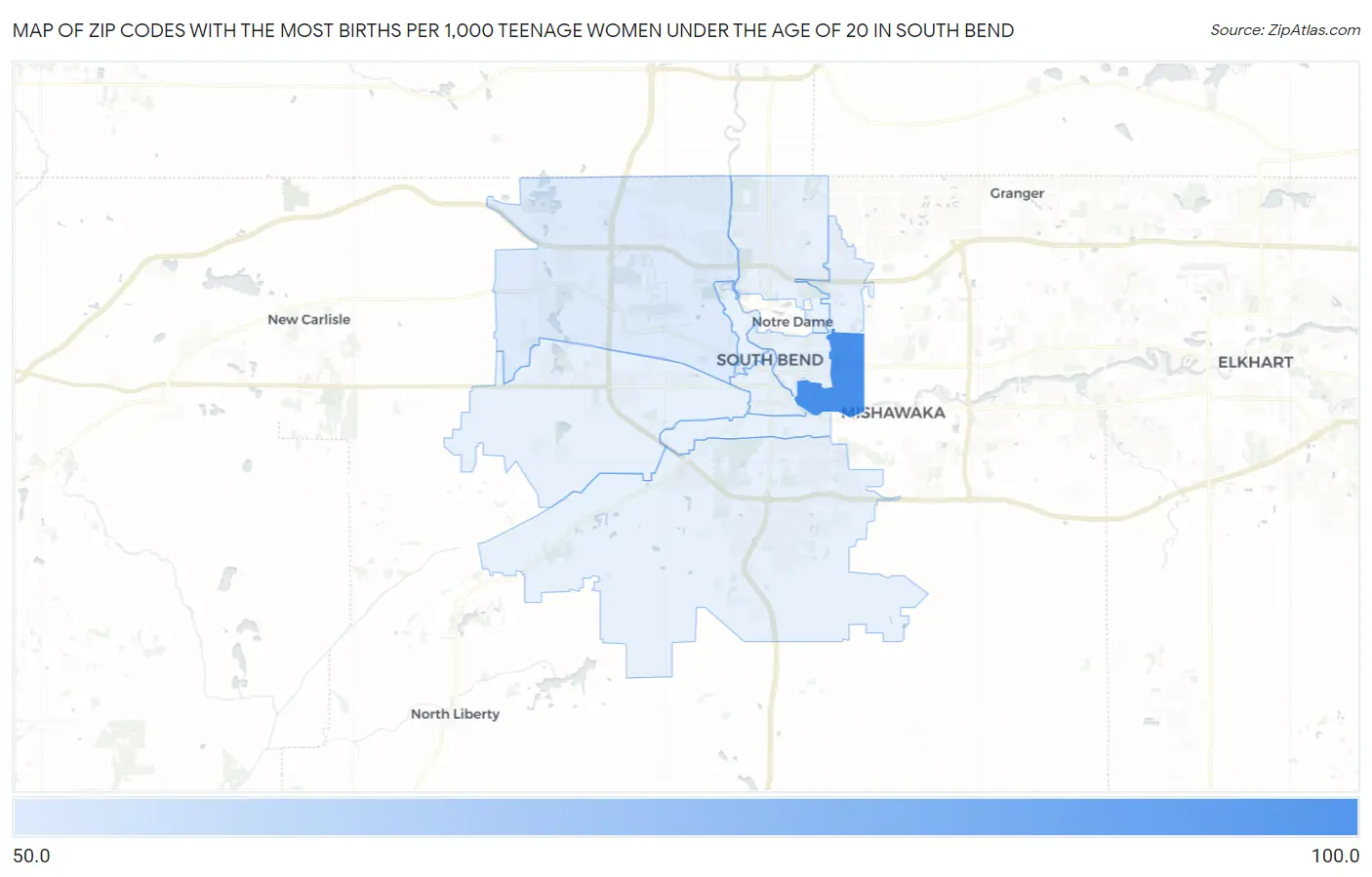 Zip Codes with the Most Births per 1,000 Teenage Women Under the Age of 20 in South Bend Map