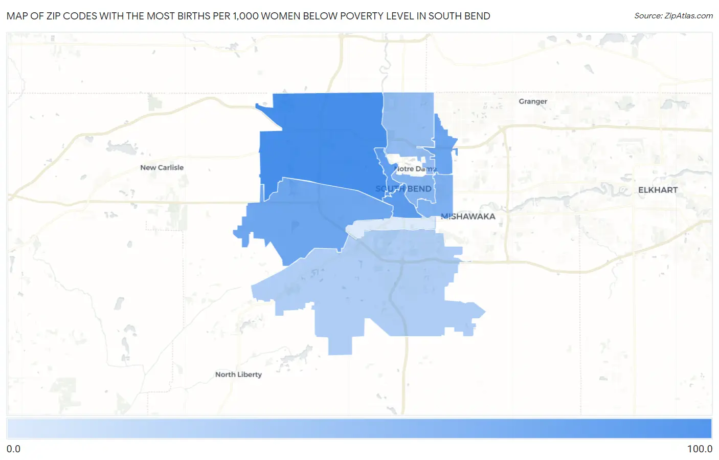 Zip Codes with the Most Births per 1,000 Women Below Poverty Level in South Bend Map
