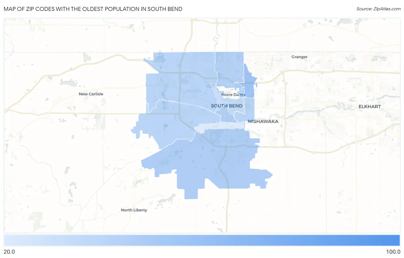 Zip Codes with the Oldest Population in South Bend Map