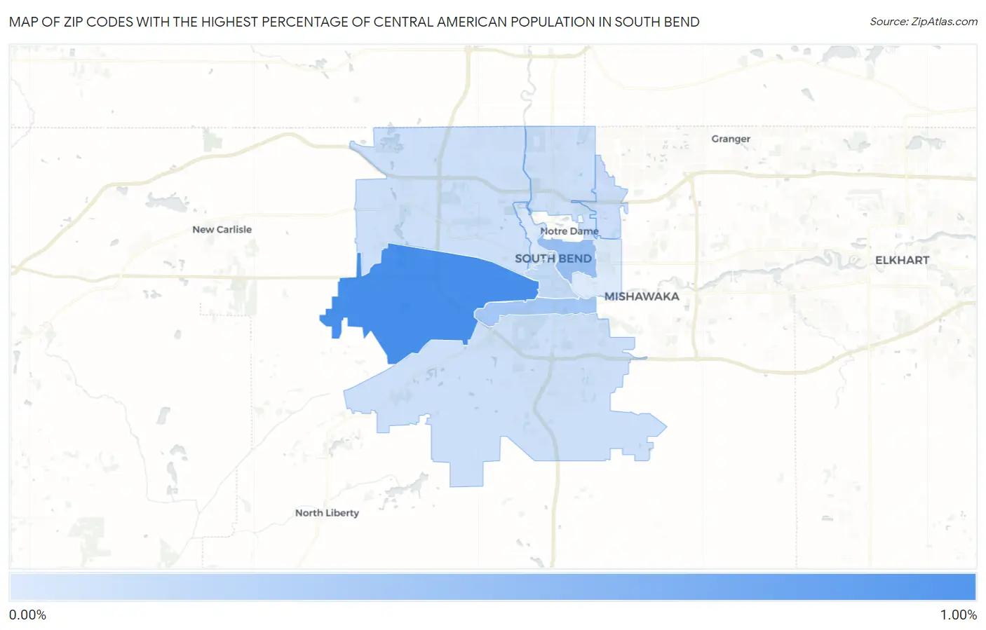 Zip Codes with the Highest Percentage of Central American Population in South Bend Map