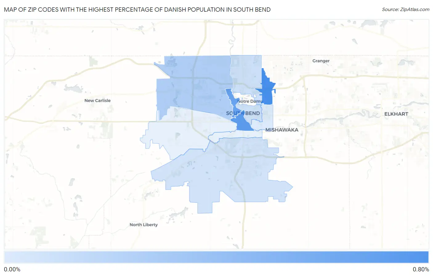 Zip Codes with the Highest Percentage of Danish Population in South Bend Map