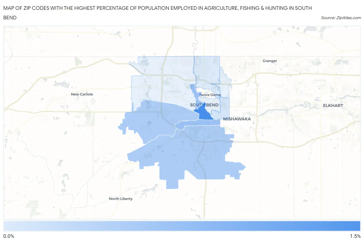 Zip Codes with the Highest Percentage of Population Employed in Agriculture, Fishing & Hunting in South Bend Map