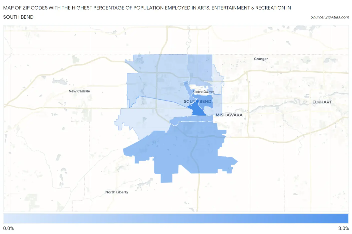Zip Codes with the Highest Percentage of Population Employed in Arts, Entertainment & Recreation in South Bend Map