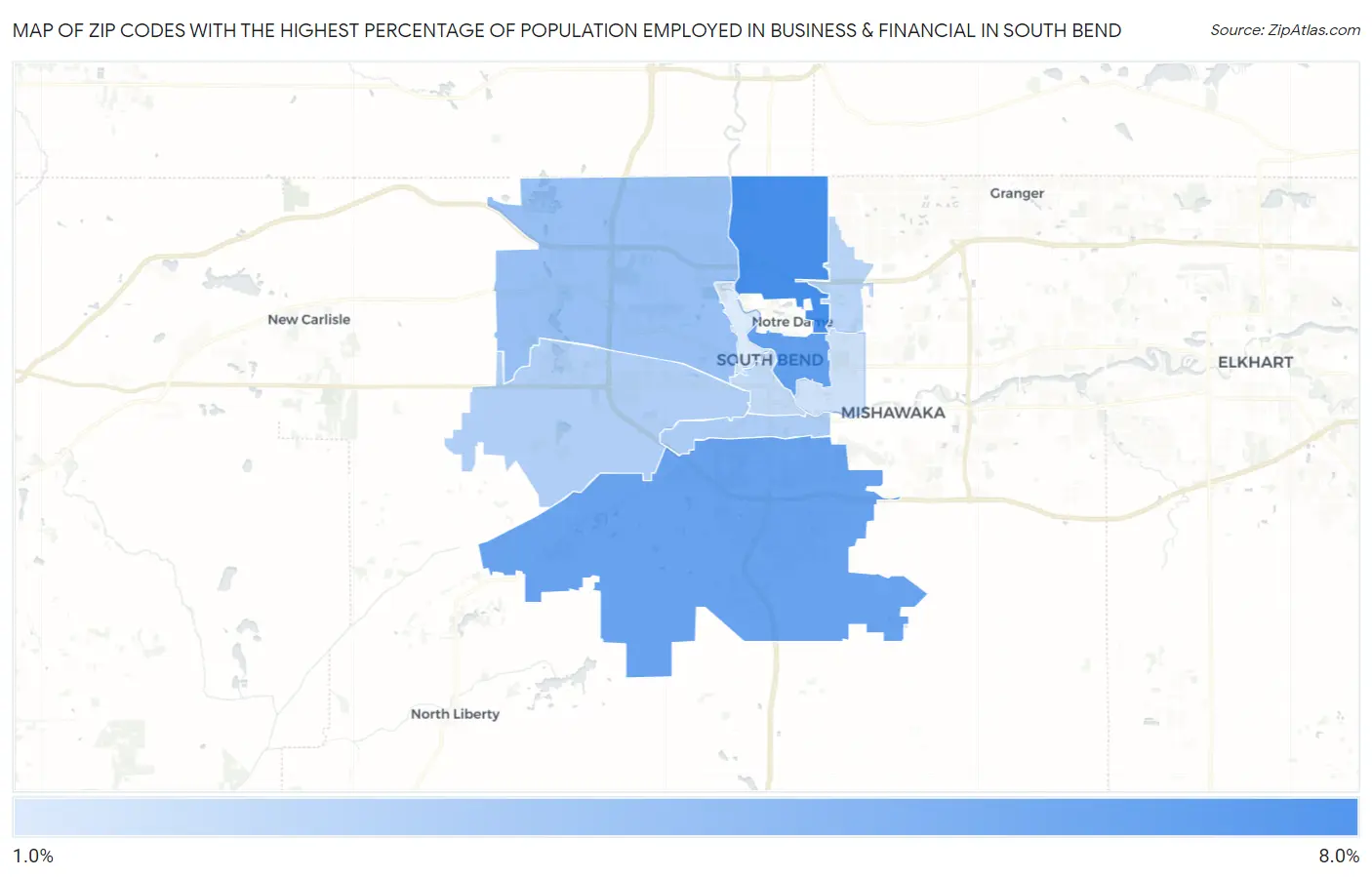 Zip Codes with the Highest Percentage of Population Employed in Business & Financial in South Bend Map