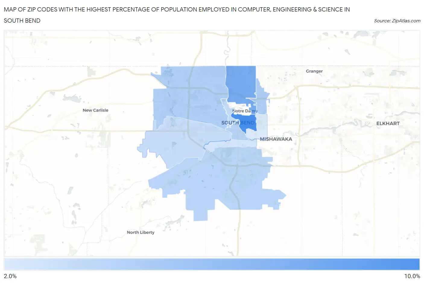 Zip Codes with the Highest Percentage of Population Employed in Computer, Engineering & Science in South Bend Map