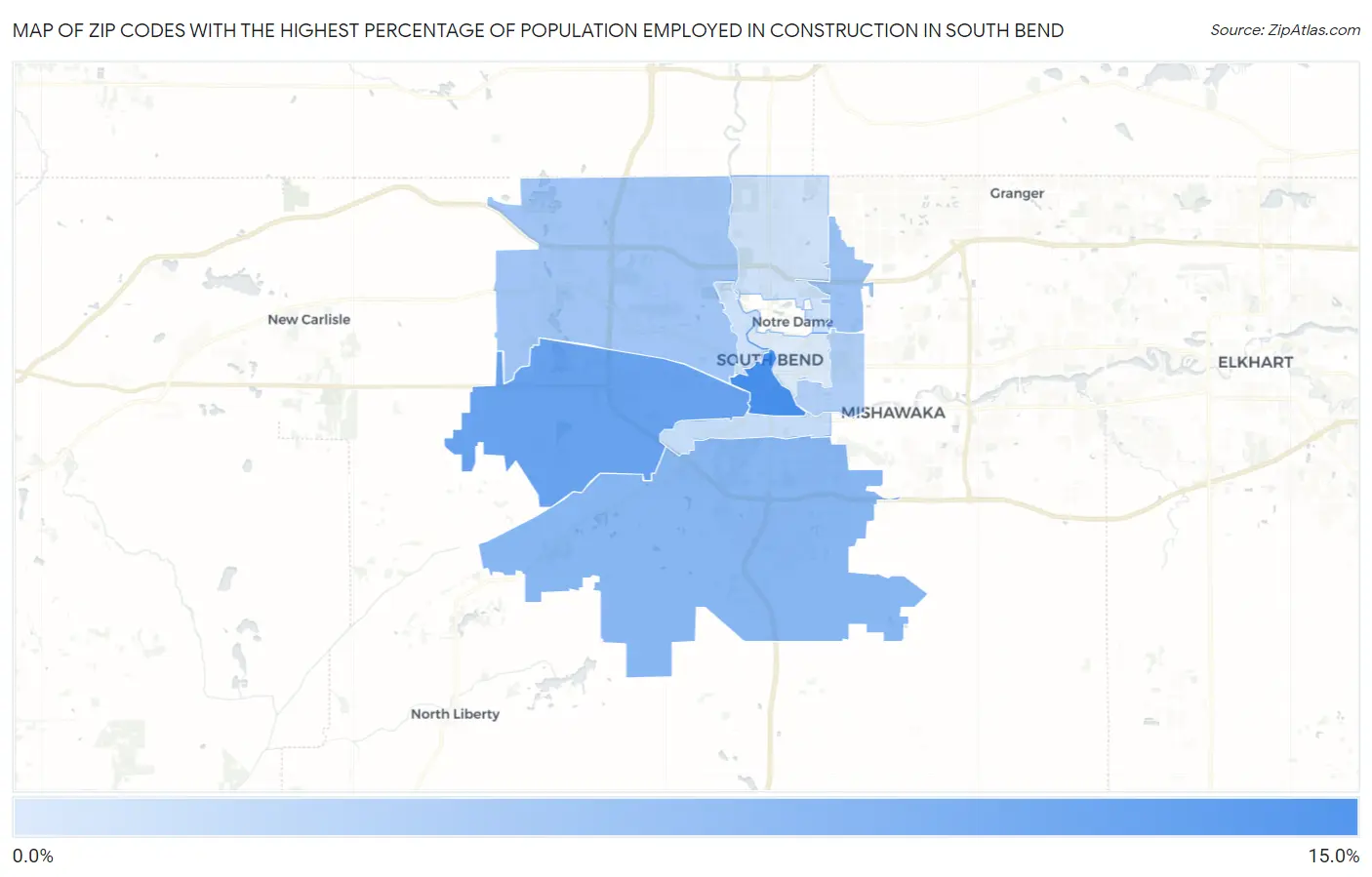 Zip Codes with the Highest Percentage of Population Employed in Construction in South Bend Map