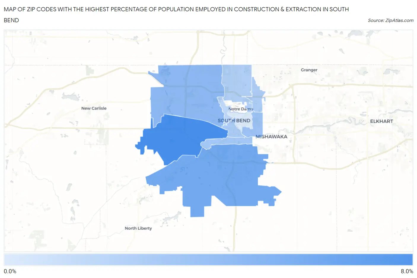 Zip Codes with the Highest Percentage of Population Employed in Construction & Extraction in South Bend Map