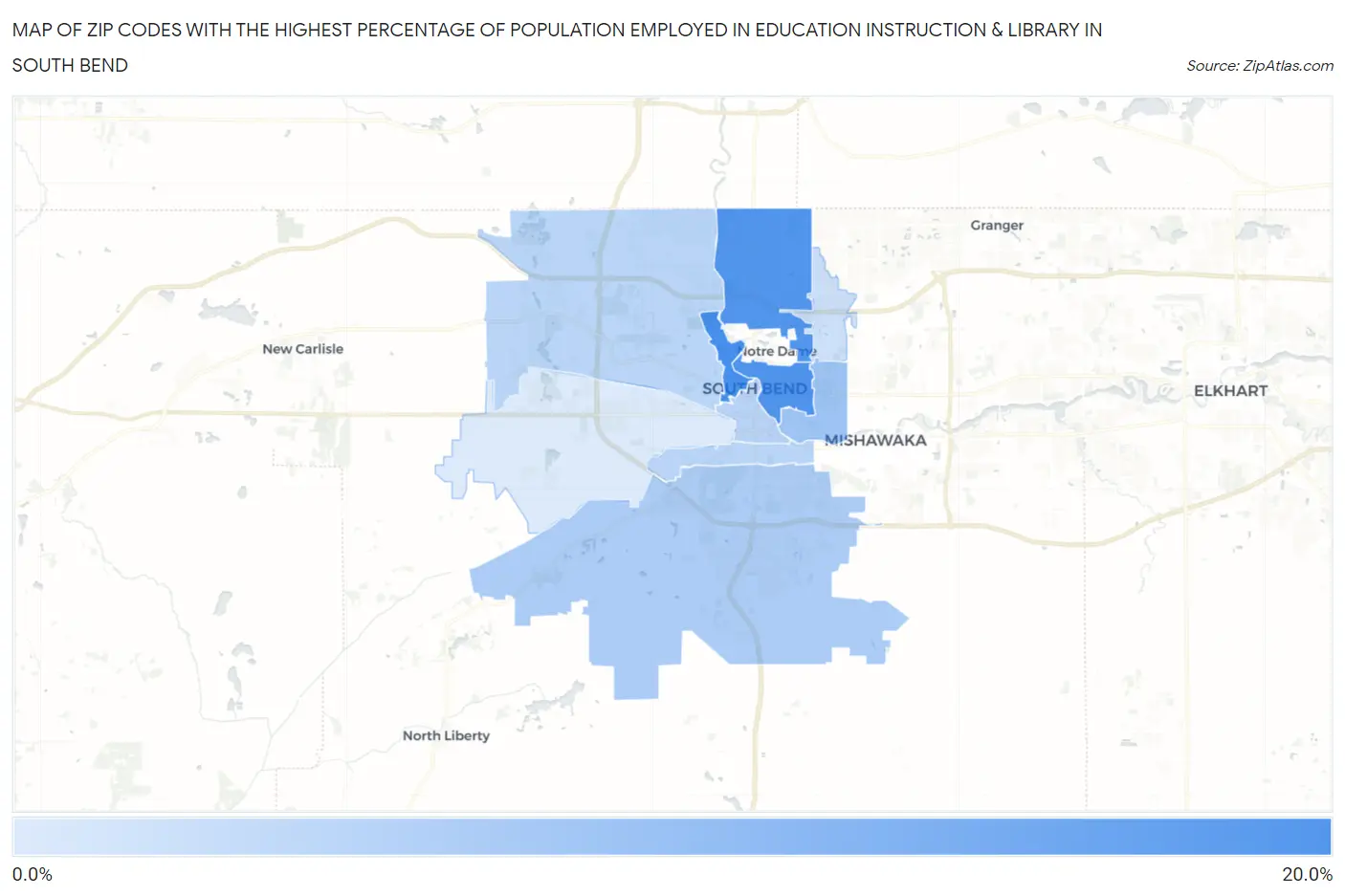 Zip Codes with the Highest Percentage of Population Employed in Education Instruction & Library in South Bend Map