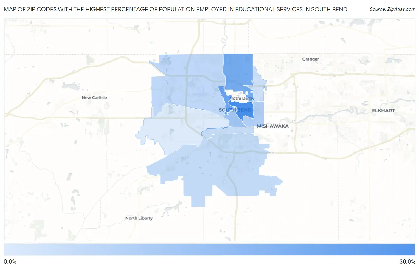 Zip Codes with the Highest Percentage of Population Employed in Educational Services in South Bend Map