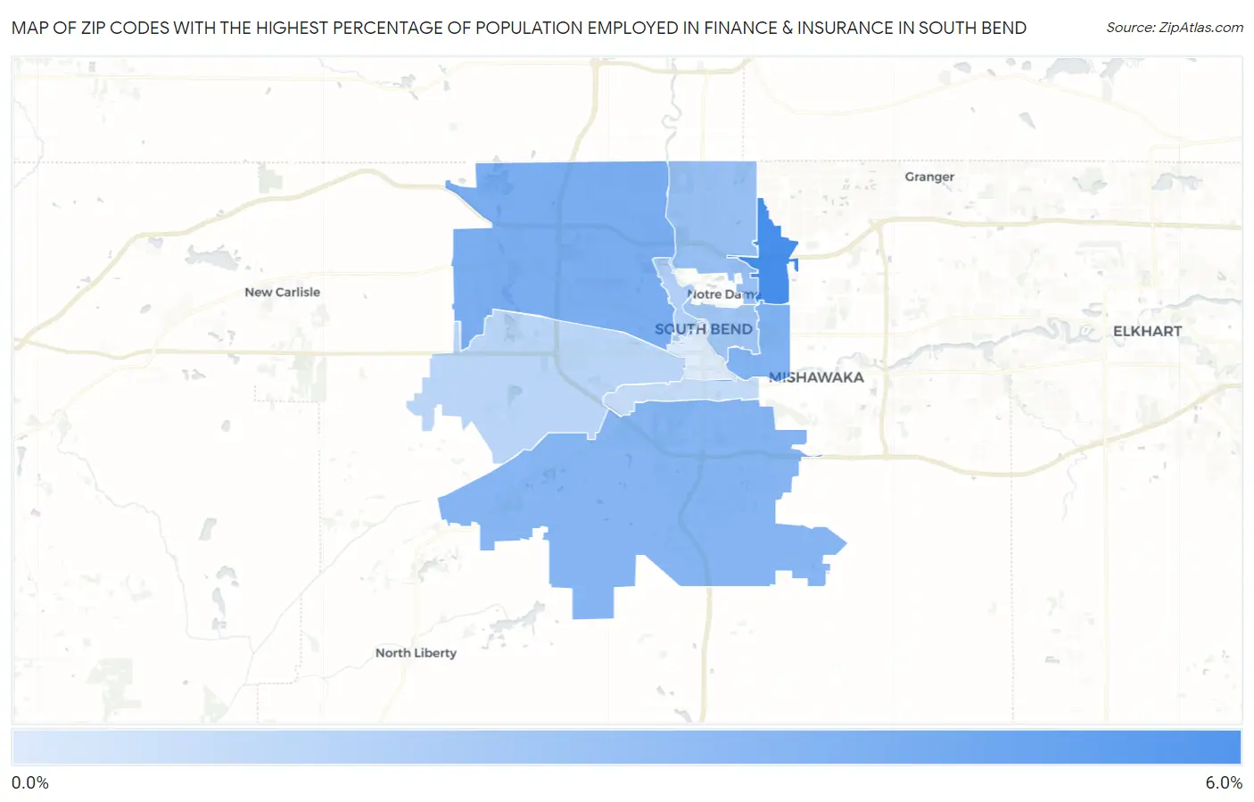 Zip Codes with the Highest Percentage of Population Employed in Finance & Insurance in South Bend Map