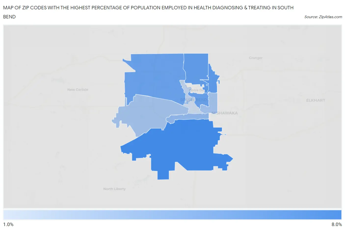 Zip Codes with the Highest Percentage of Population Employed in Health Diagnosing & Treating in South Bend Map