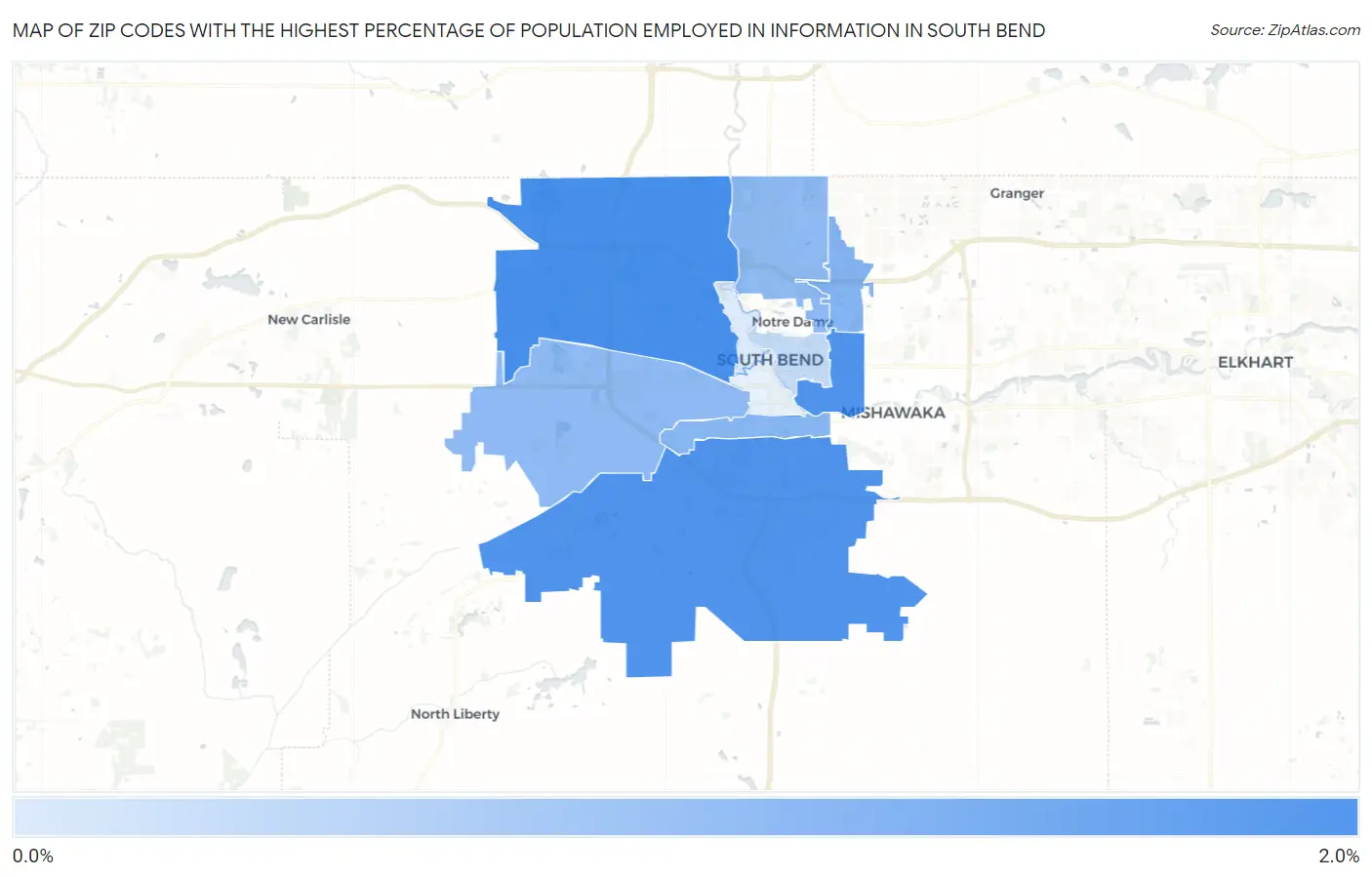 Zip Codes with the Highest Percentage of Population Employed in Information in South Bend Map