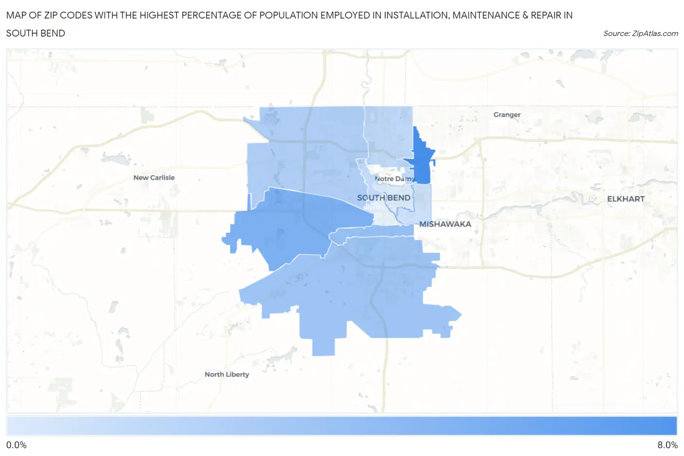 Zip Codes with the Highest Percentage of Population Employed in Installation, Maintenance & Repair in South Bend Map