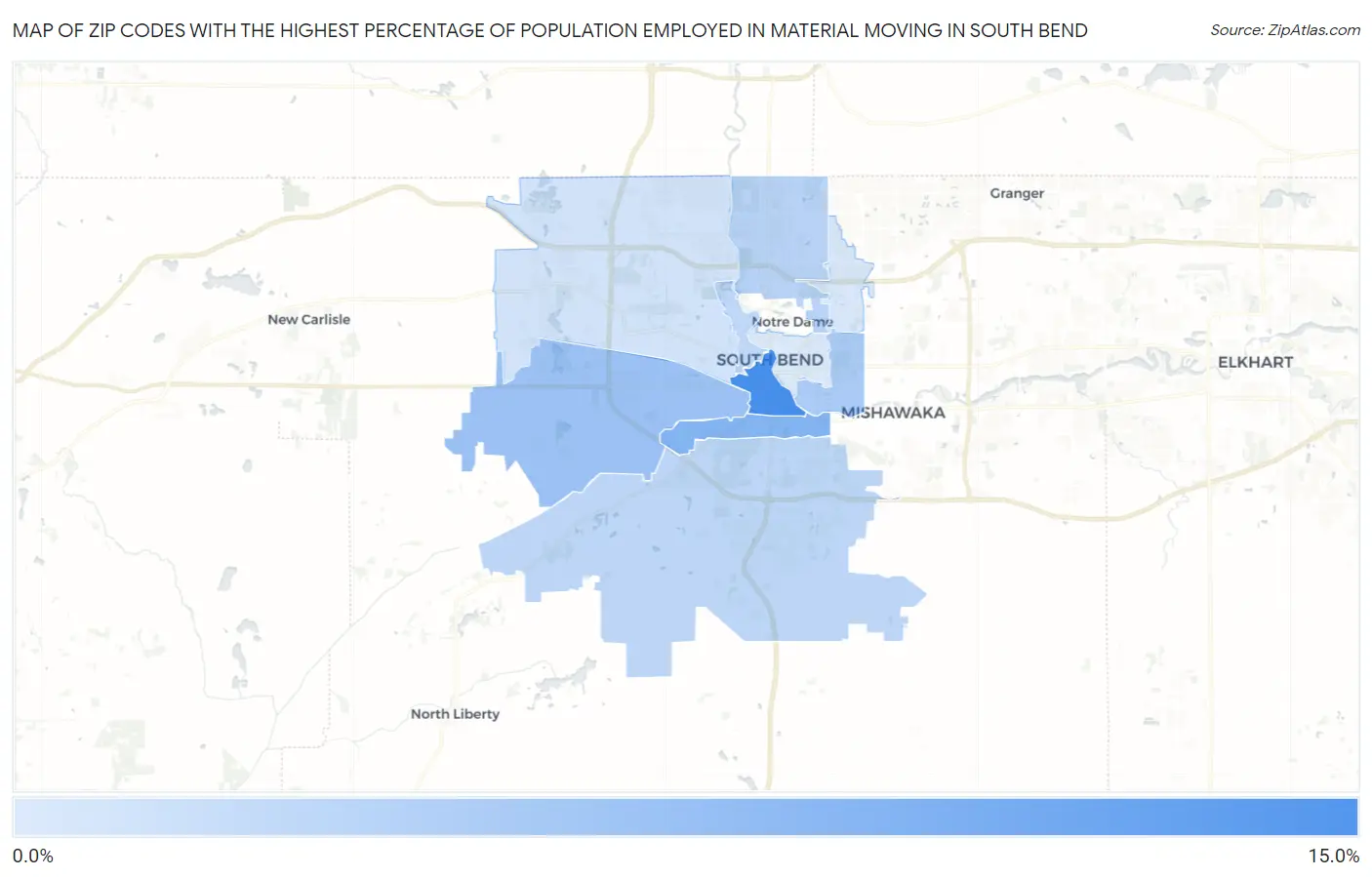 Zip Codes with the Highest Percentage of Population Employed in Material Moving in South Bend Map