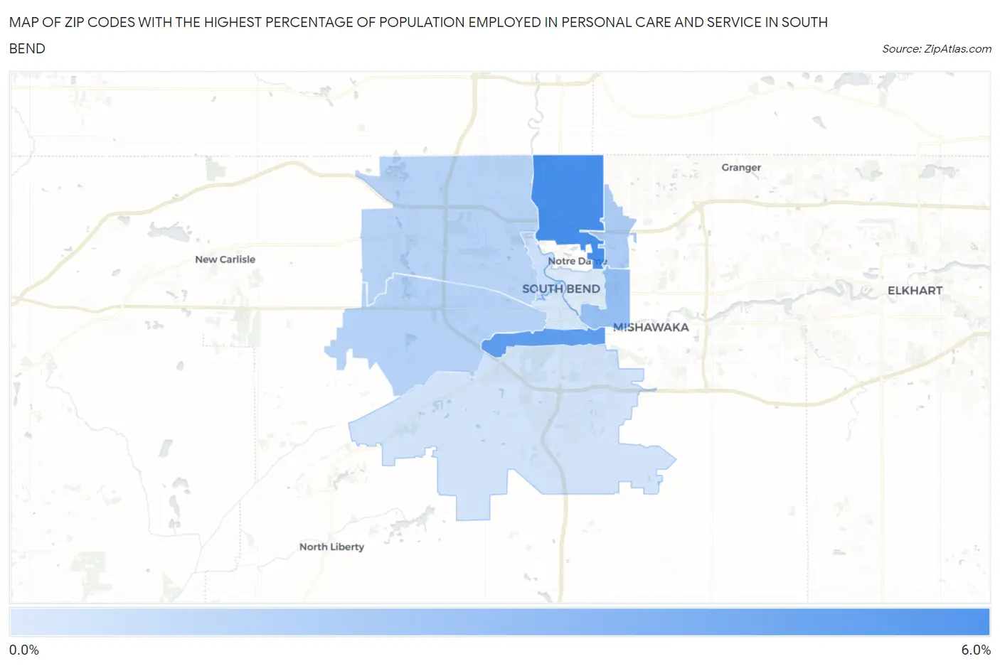Zip Codes with the Highest Percentage of Population Employed in Personal Care and Service in South Bend Map