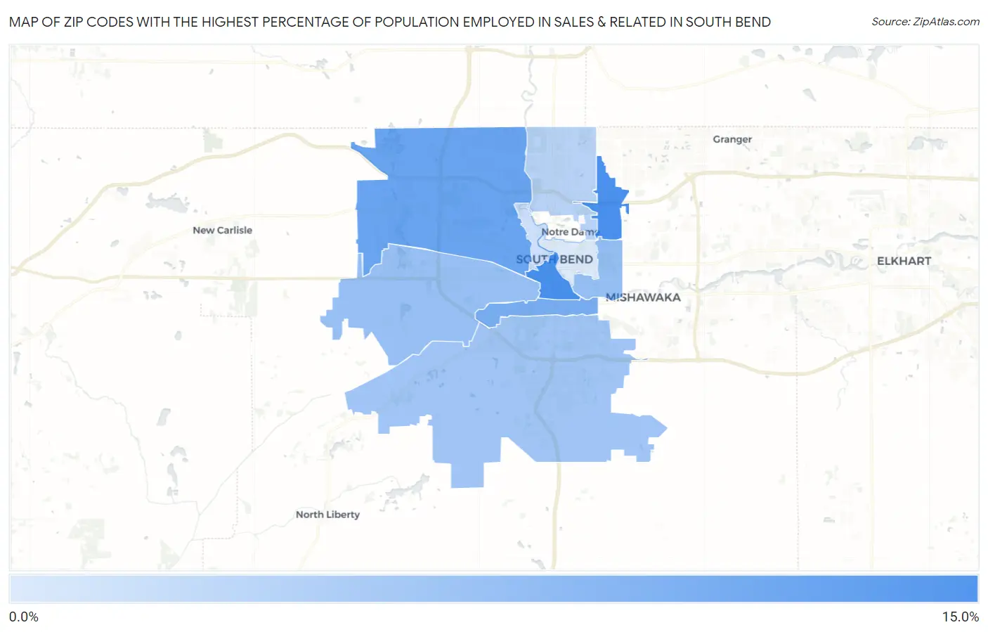 Zip Codes with the Highest Percentage of Population Employed in Sales & Related in South Bend Map