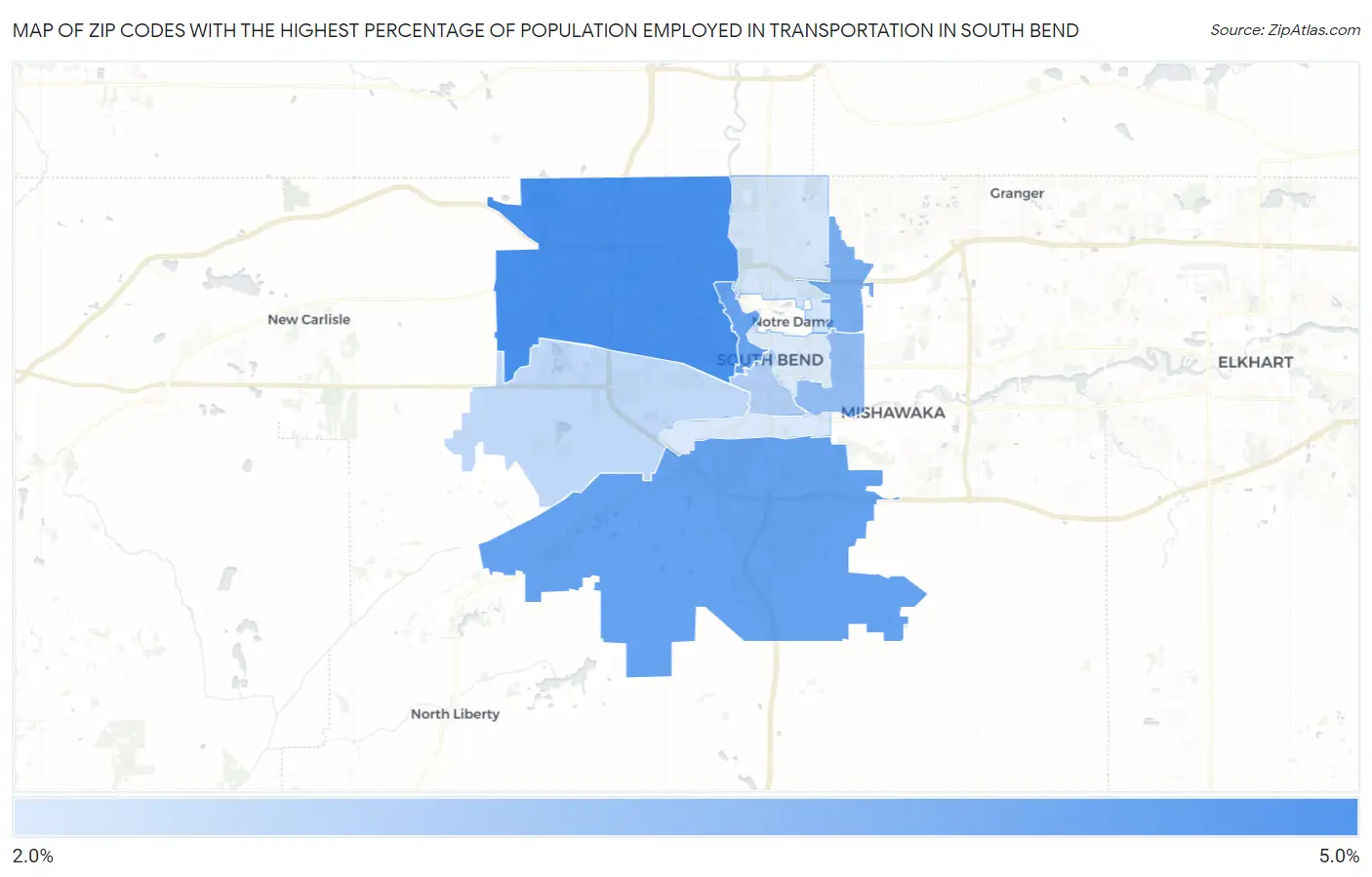 Zip Codes with the Highest Percentage of Population Employed in Transportation in South Bend Map