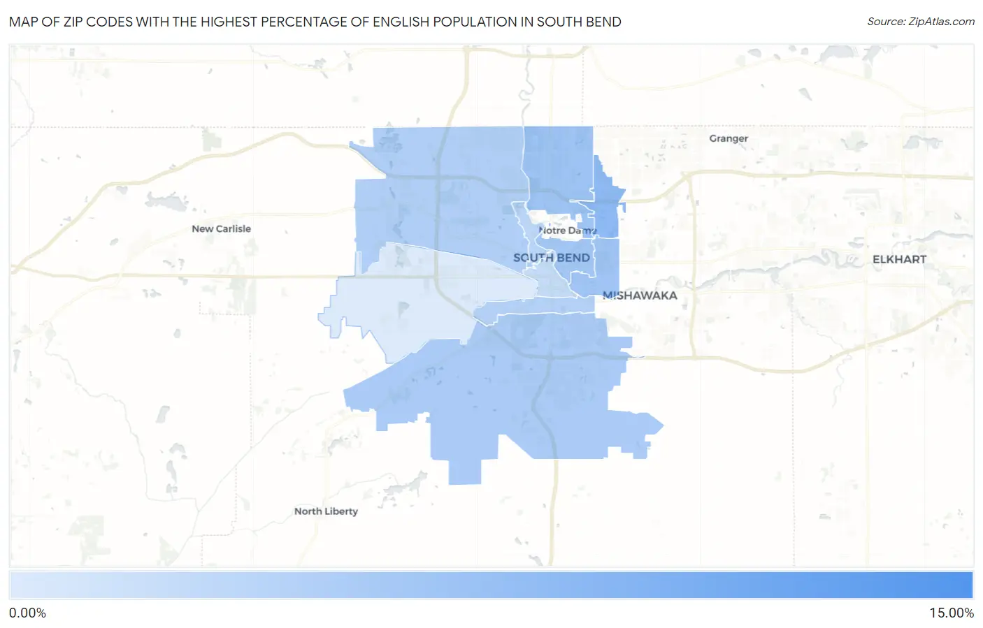Zip Codes with the Highest Percentage of English Population in South Bend Map