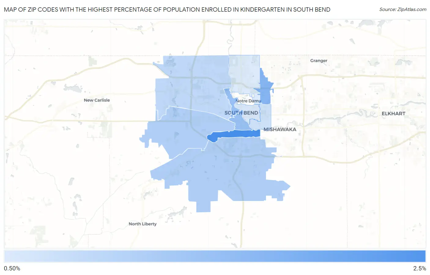 Zip Codes with the Highest Percentage of Population Enrolled in Kindergarten in South Bend Map