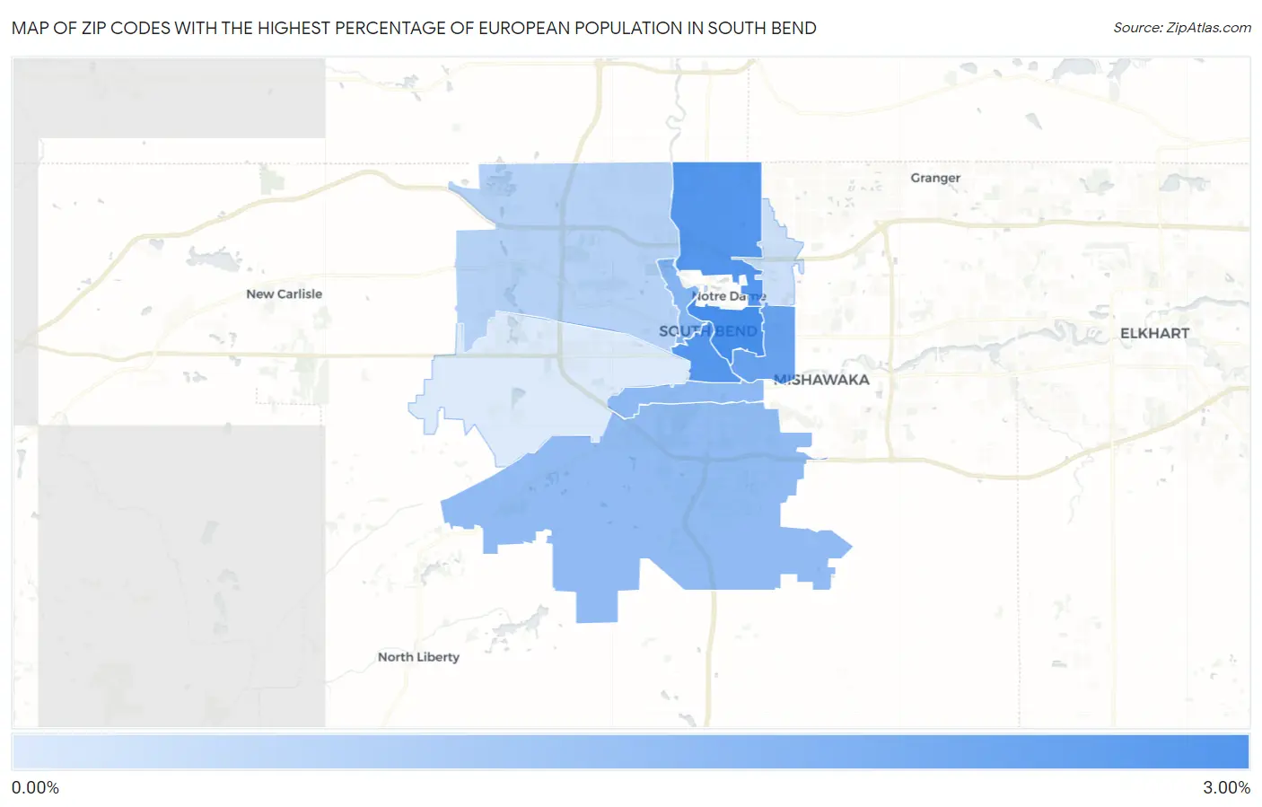 Zip Codes with the Highest Percentage of European Population in South Bend Map
