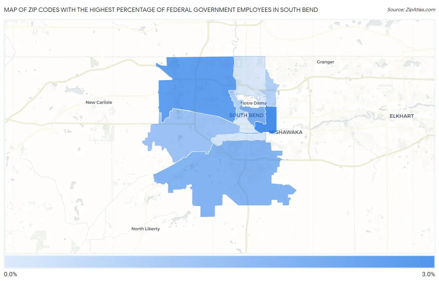 Zip Codes with the Highest Percentage of Federal Government Employees in South Bend Map