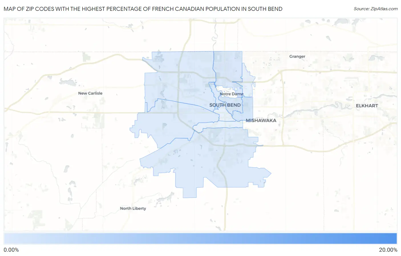 Zip Codes with the Highest Percentage of French Canadian Population in South Bend Map