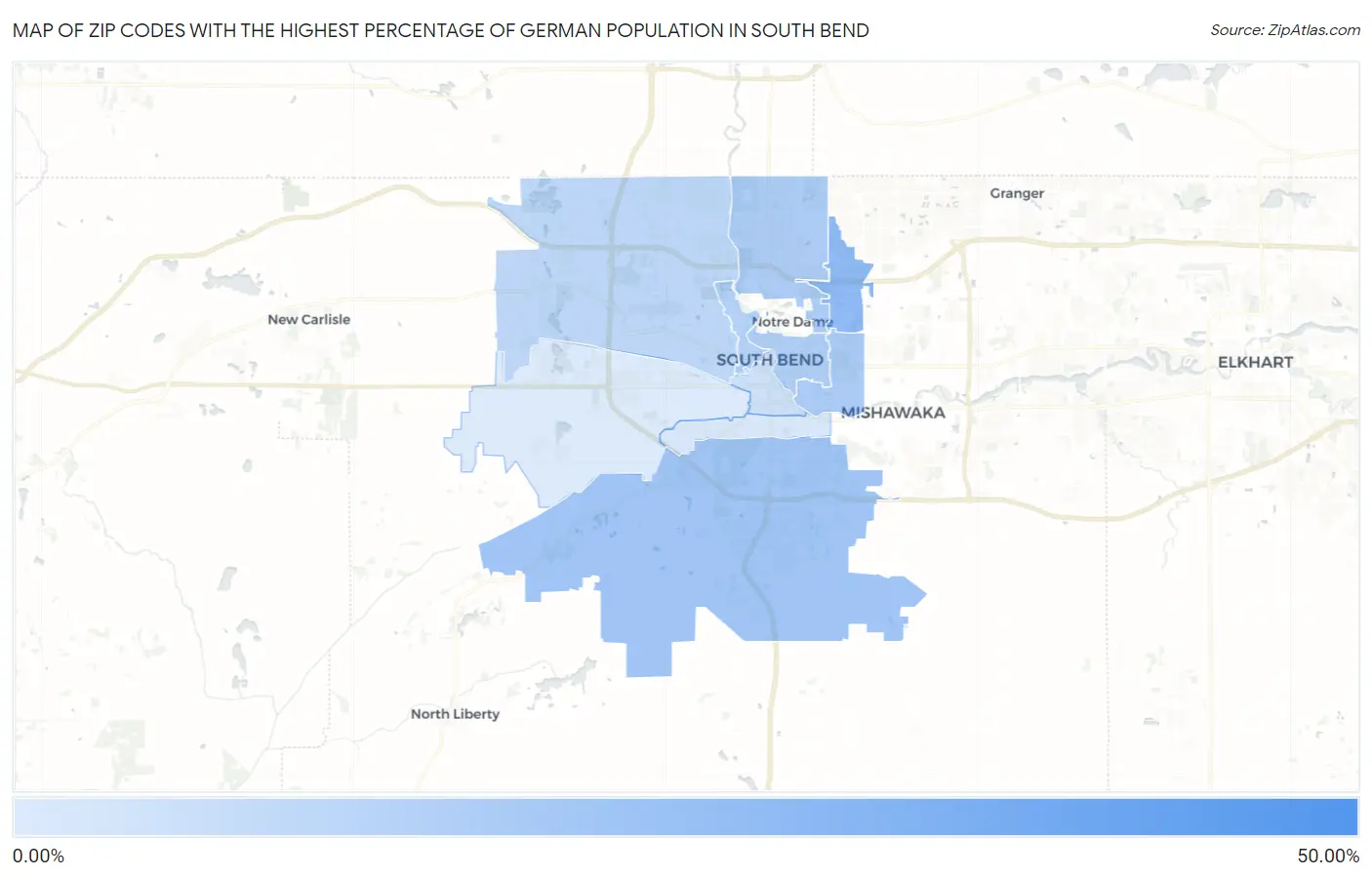 Zip Codes with the Highest Percentage of German Population in South Bend Map