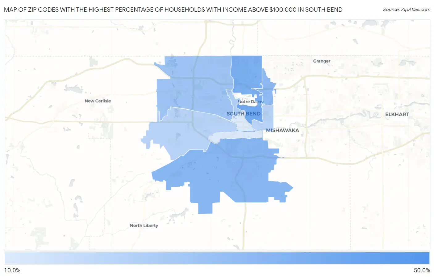 Zip Codes with the Highest Percentage of Households with Income Above $100,000 in South Bend Map
