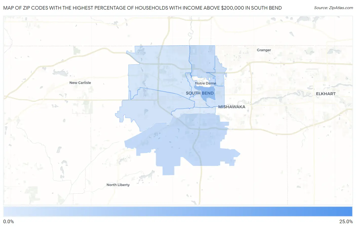Zip Codes with the Highest Percentage of Households with Income Above $200,000 in South Bend Map