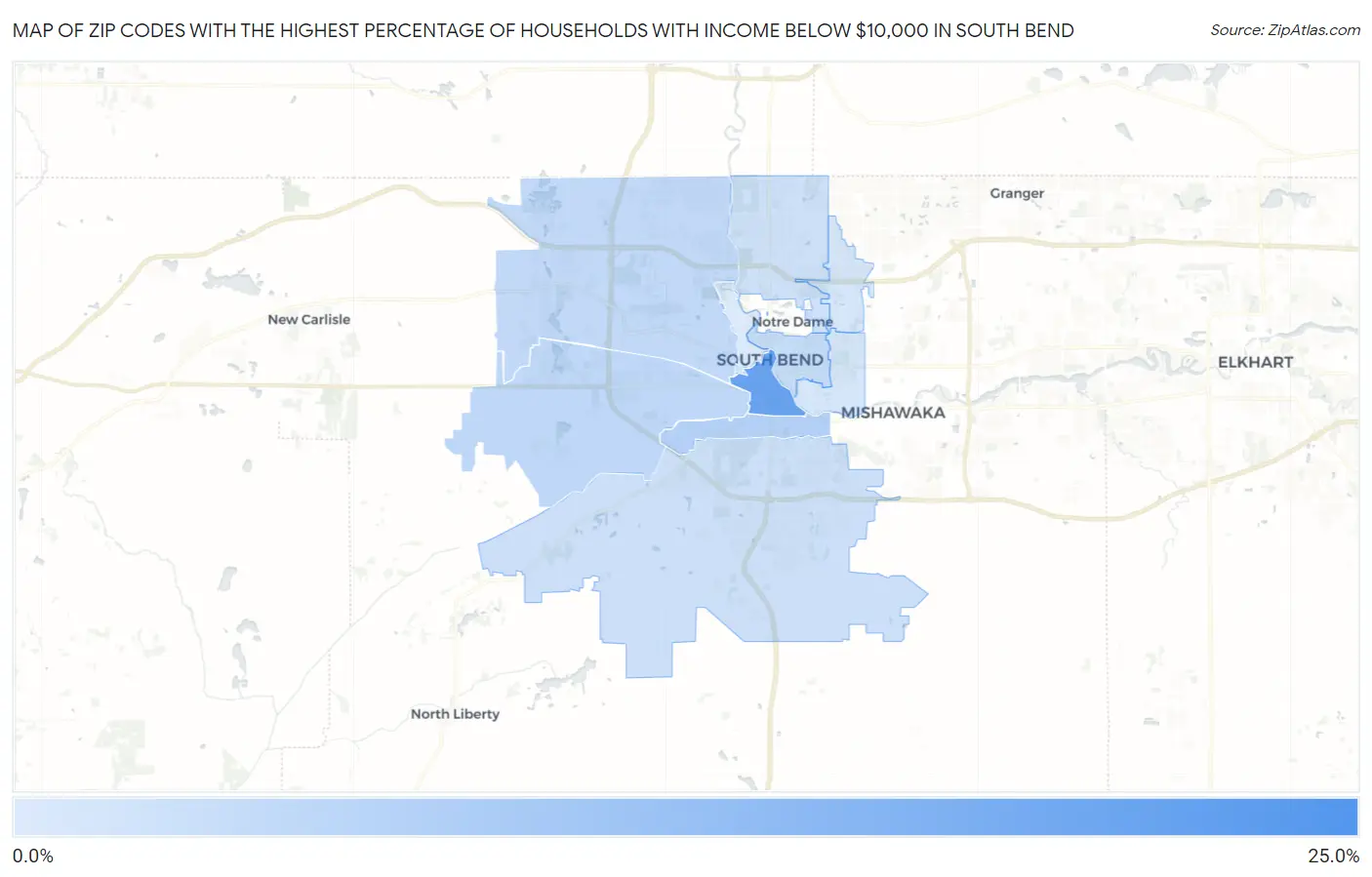 Zip Codes with the Highest Percentage of Households with Income Below $10,000 in South Bend Map