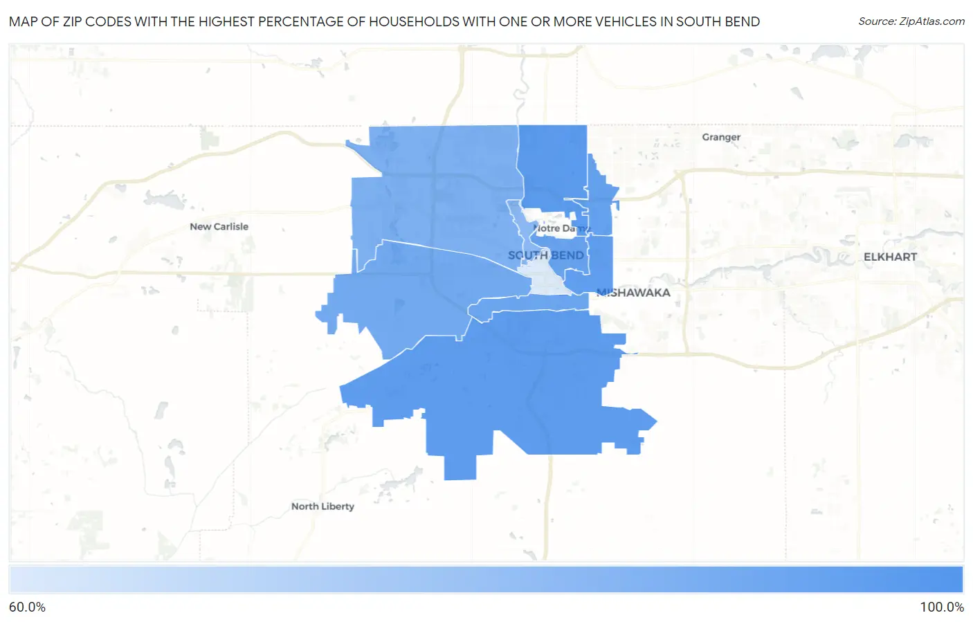 Zip Codes with the Highest Percentage of Households With One or more Vehicles in South Bend Map