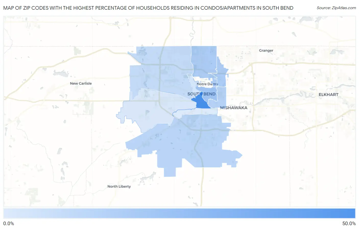 Zip Codes with the Highest Percentage of Households Residing in Condos/Apartments in South Bend Map