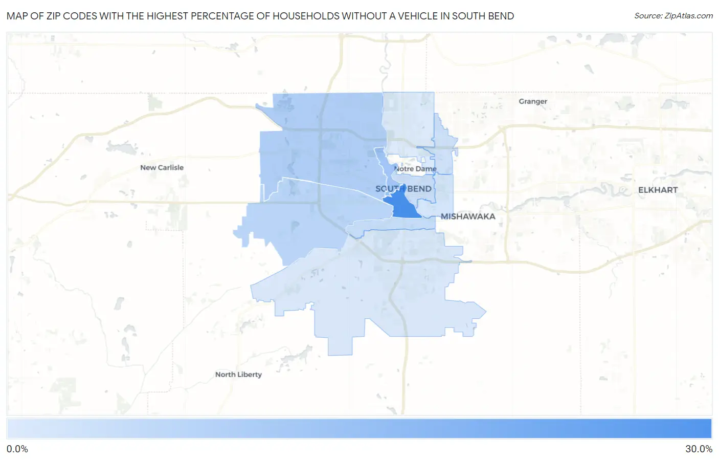 Zip Codes with the Highest Percentage of Households Without a Vehicle in South Bend Map