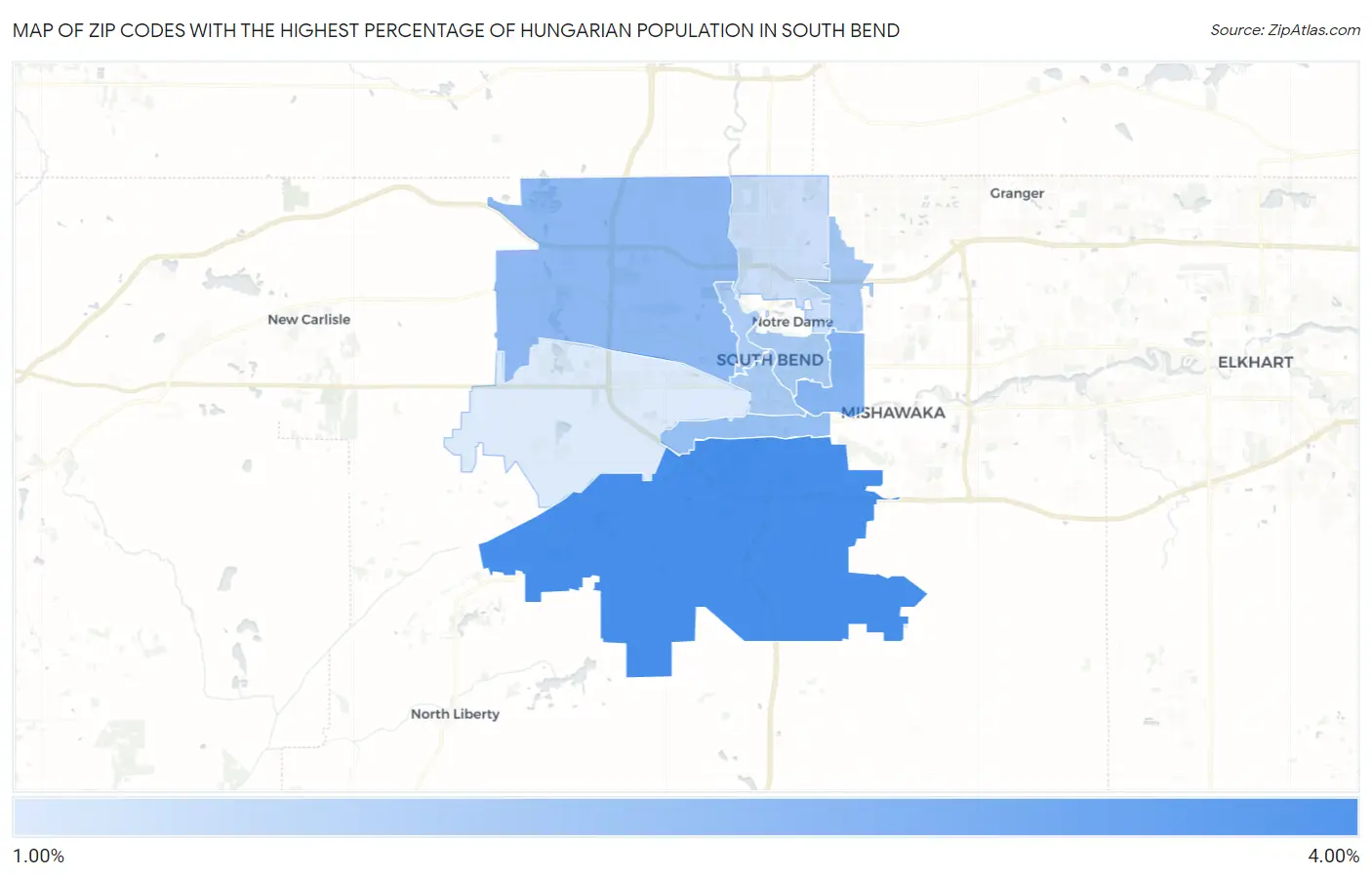 Zip Codes with the Highest Percentage of Hungarian Population in South Bend Map