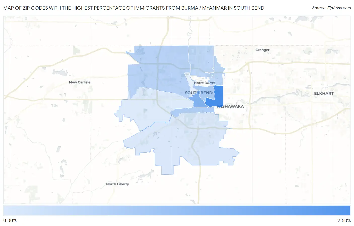 Zip Codes with the Highest Percentage of Immigrants from Burma / Myanmar in South Bend Map