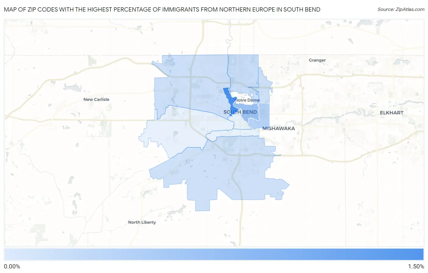 Zip Codes with the Highest Percentage of Immigrants from Northern Europe in South Bend Map