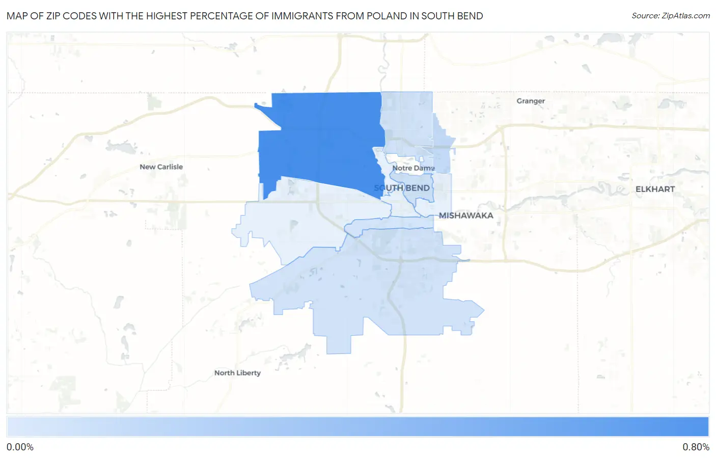 Zip Codes with the Highest Percentage of Immigrants from Poland in South Bend Map