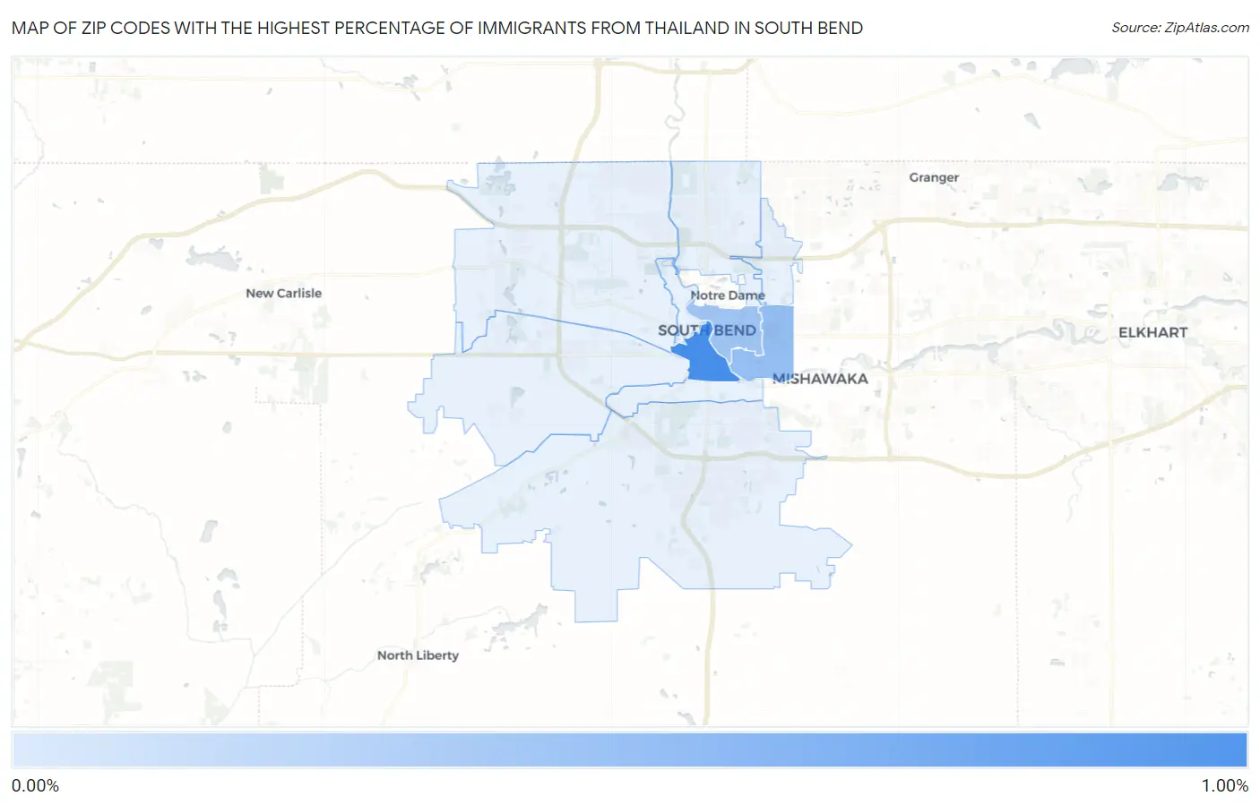 Zip Codes with the Highest Percentage of Immigrants from Thailand in South Bend Map