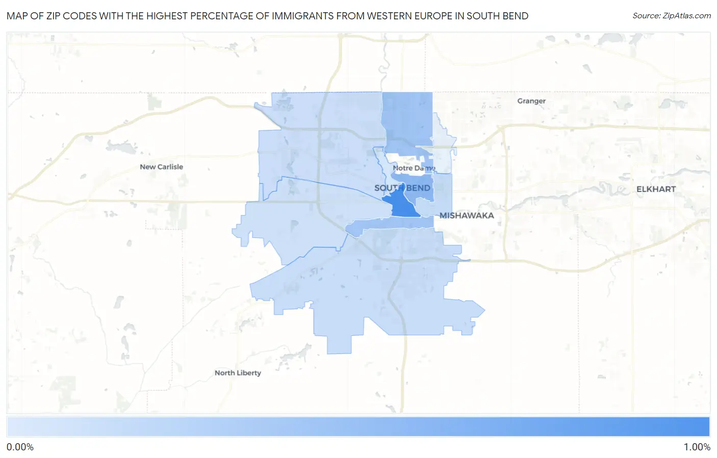 Zip Codes with the Highest Percentage of Immigrants from Western Europe in South Bend Map