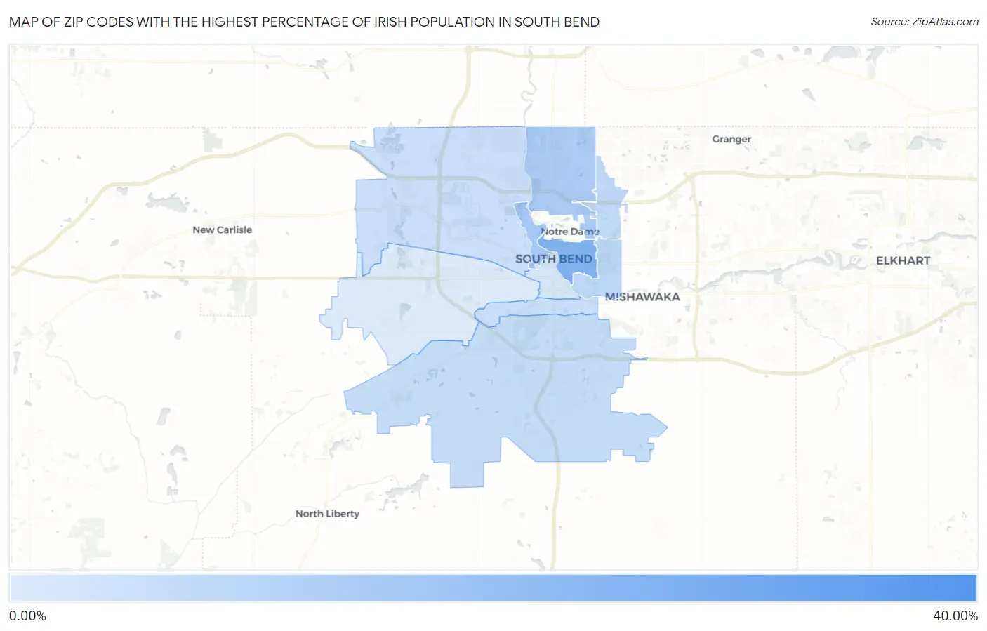 Zip Codes with the Highest Percentage of Irish Population in South Bend Map