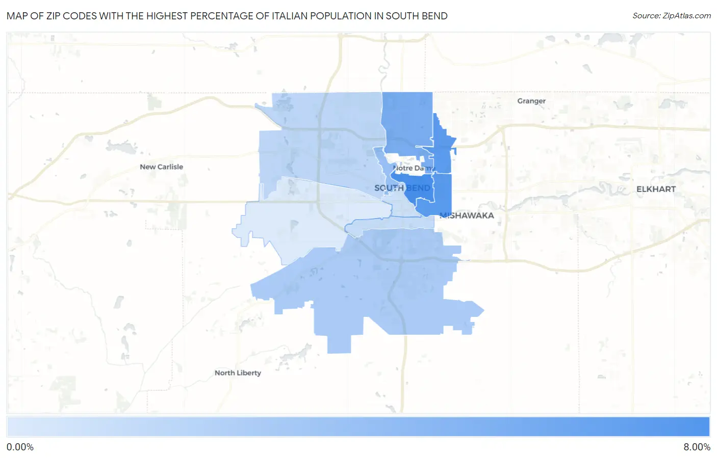 Zip Codes with the Highest Percentage of Italian Population in South Bend Map