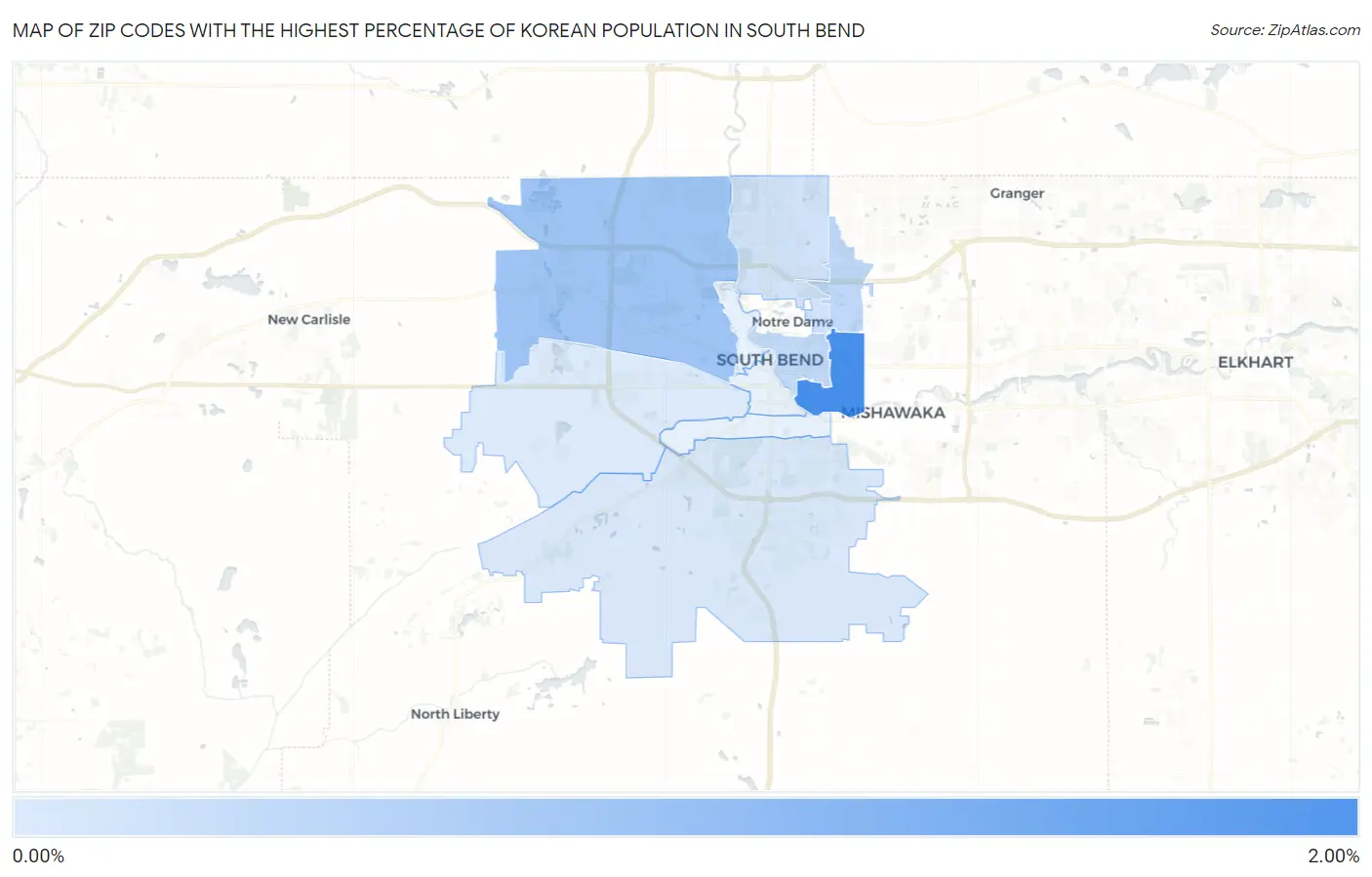Zip Codes with the Highest Percentage of Korean Population in South Bend Map