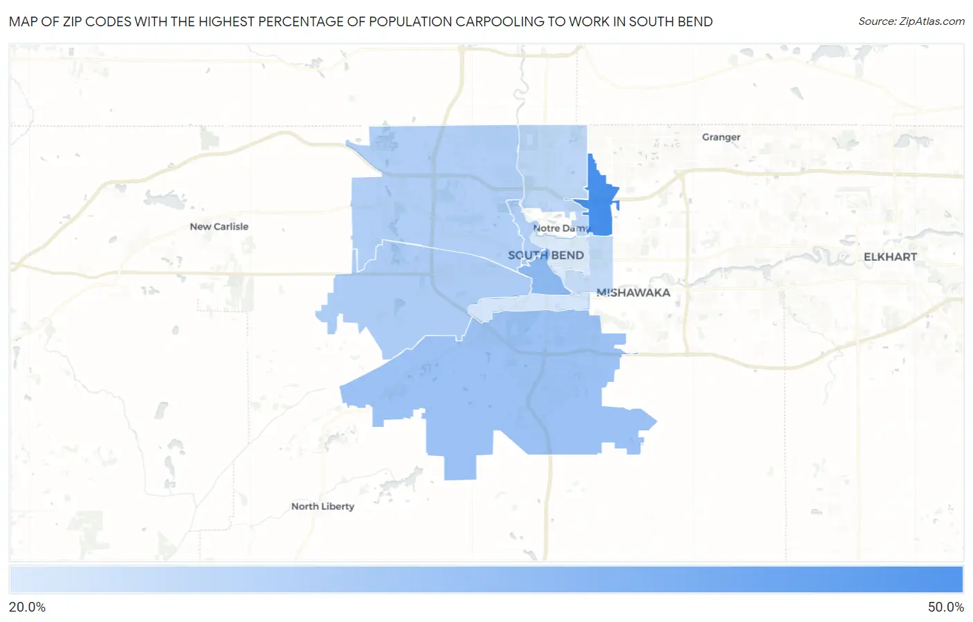 Zip Codes with the Highest Percentage of Population Carpooling to Work in South Bend Map