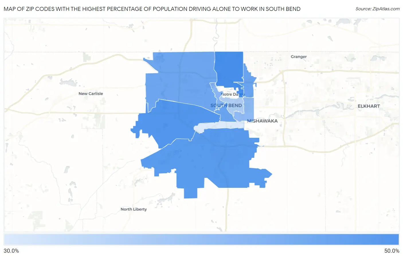 Zip Codes with the Highest Percentage of Population Driving Alone to Work in South Bend Map