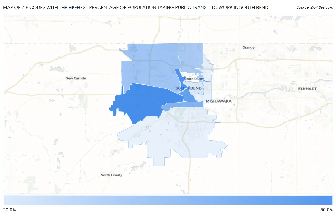 Zip Codes with the Highest Percentage of Population Taking Public Transit to Work in South Bend Map