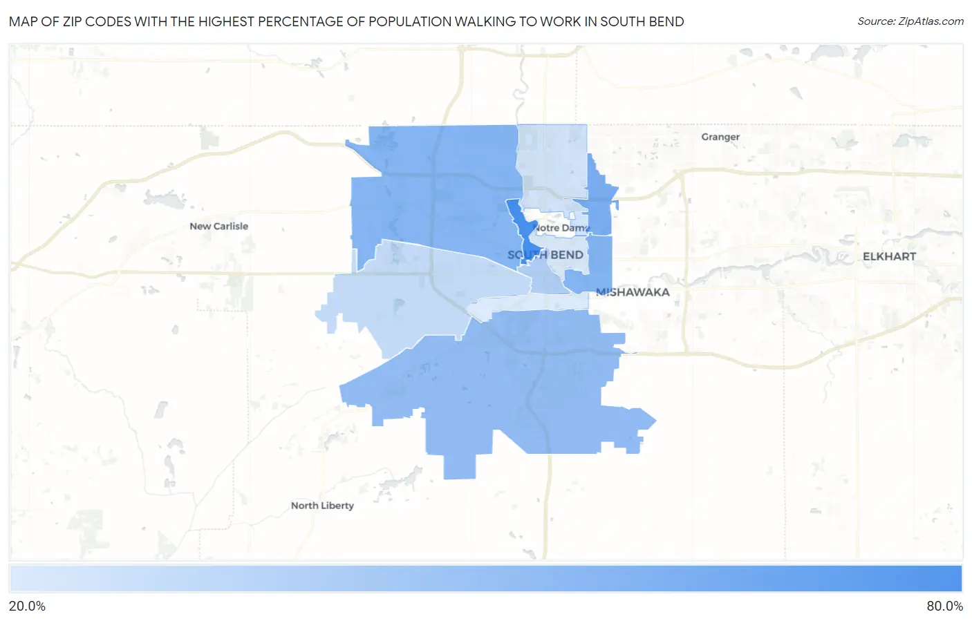 Zip Codes with the Highest Percentage of Population Walking to Work in South Bend Map